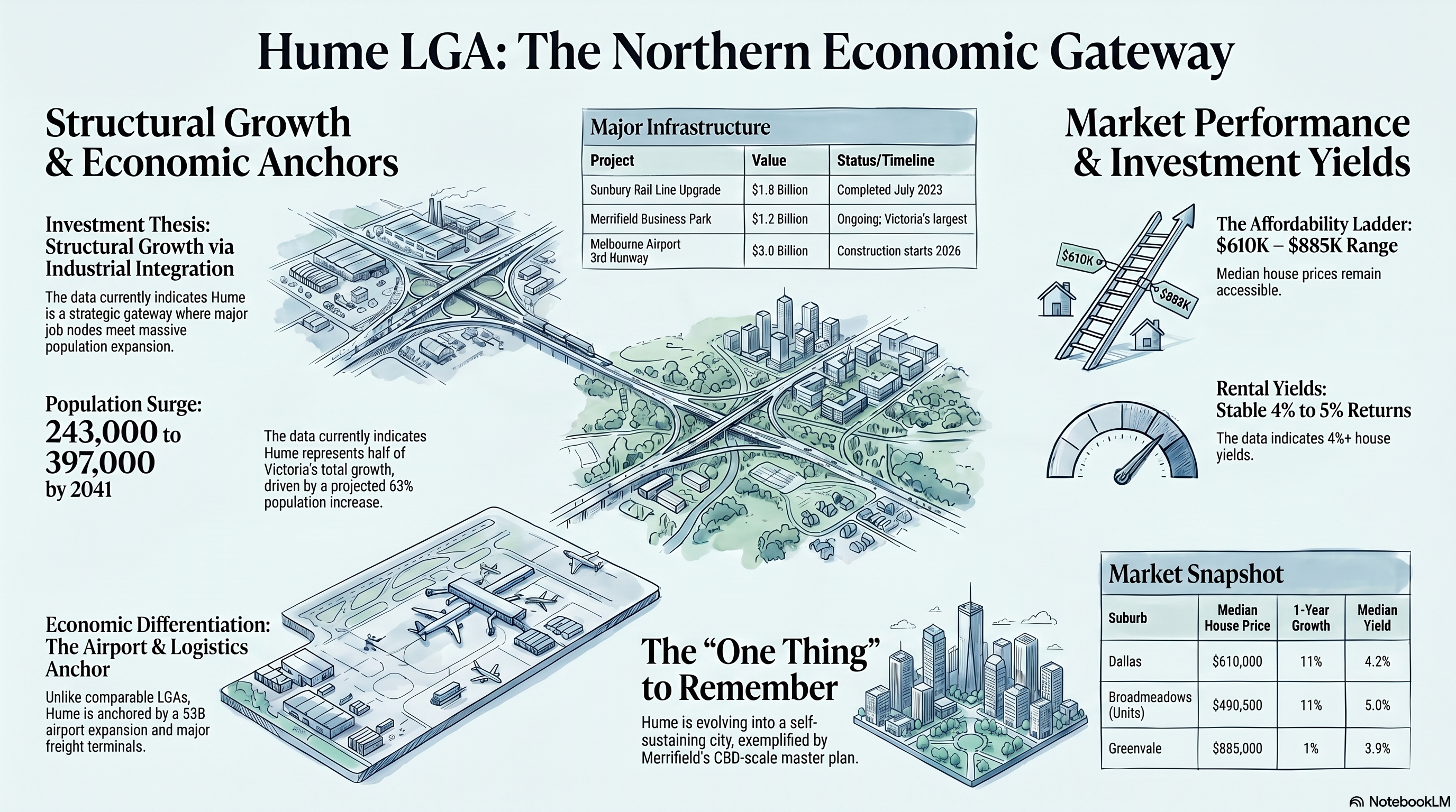 Hume LGA: The Northern Economic Gateway, single-page infographic covering structural growth, $6B+ infrastructure pipeline, affordability ladder, market snapshot, and one thing to remember.